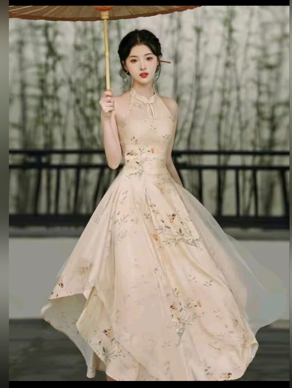 Ladies' Floral Halter Dress in cream.